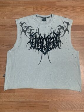 Light Gray Rhinestone Studded Graphic Muscle Tank Top